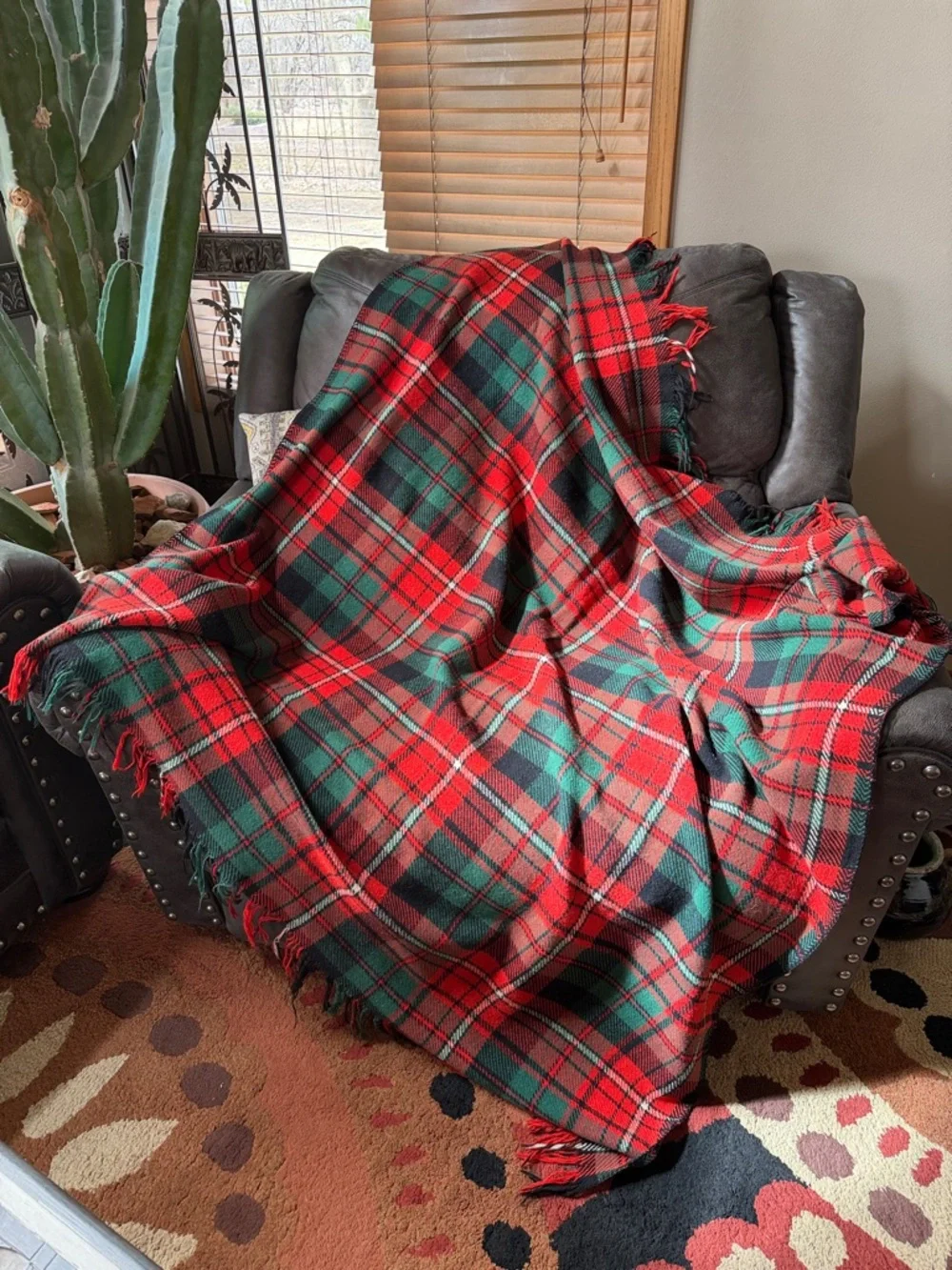 Vintage Wool Red Green Plaid Throw Blanket